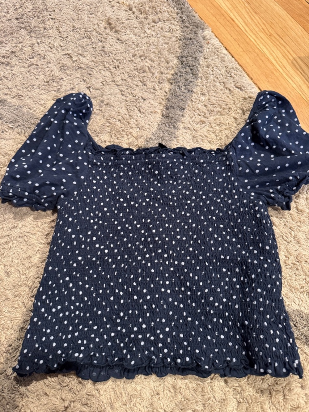 American Eagle Navy Blue Smocked Polka Dot Puff Sleeve Top XS